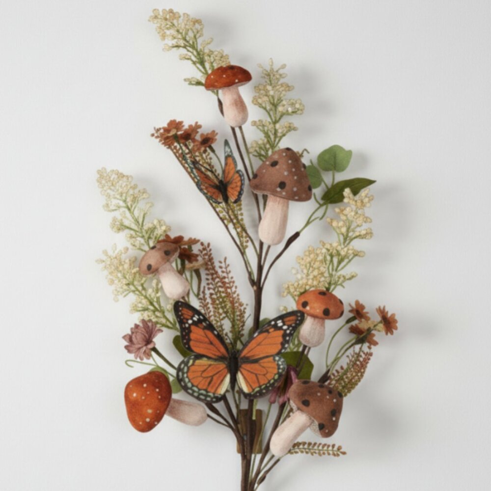 32" Mushroom Butterfly Floral Spray – Rustic Botanical Spring Stem Decor